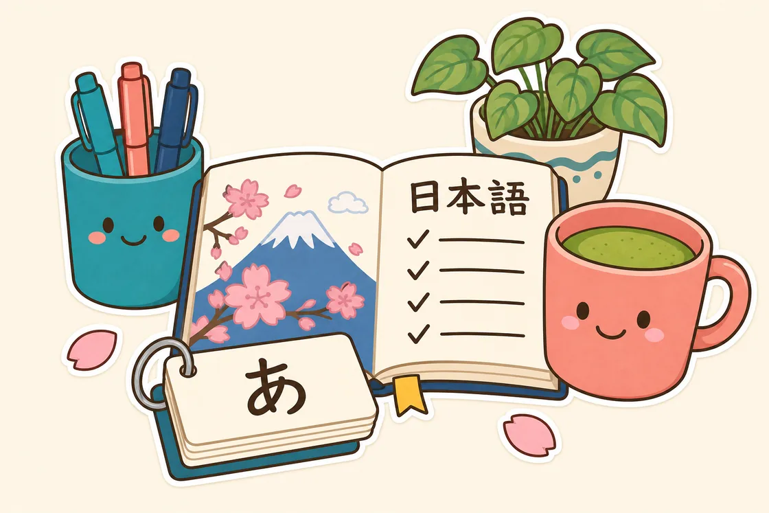 Ilustrasi meja belajar bahasa Jepang: buku, kartu hiragana, matcha, dan pensil